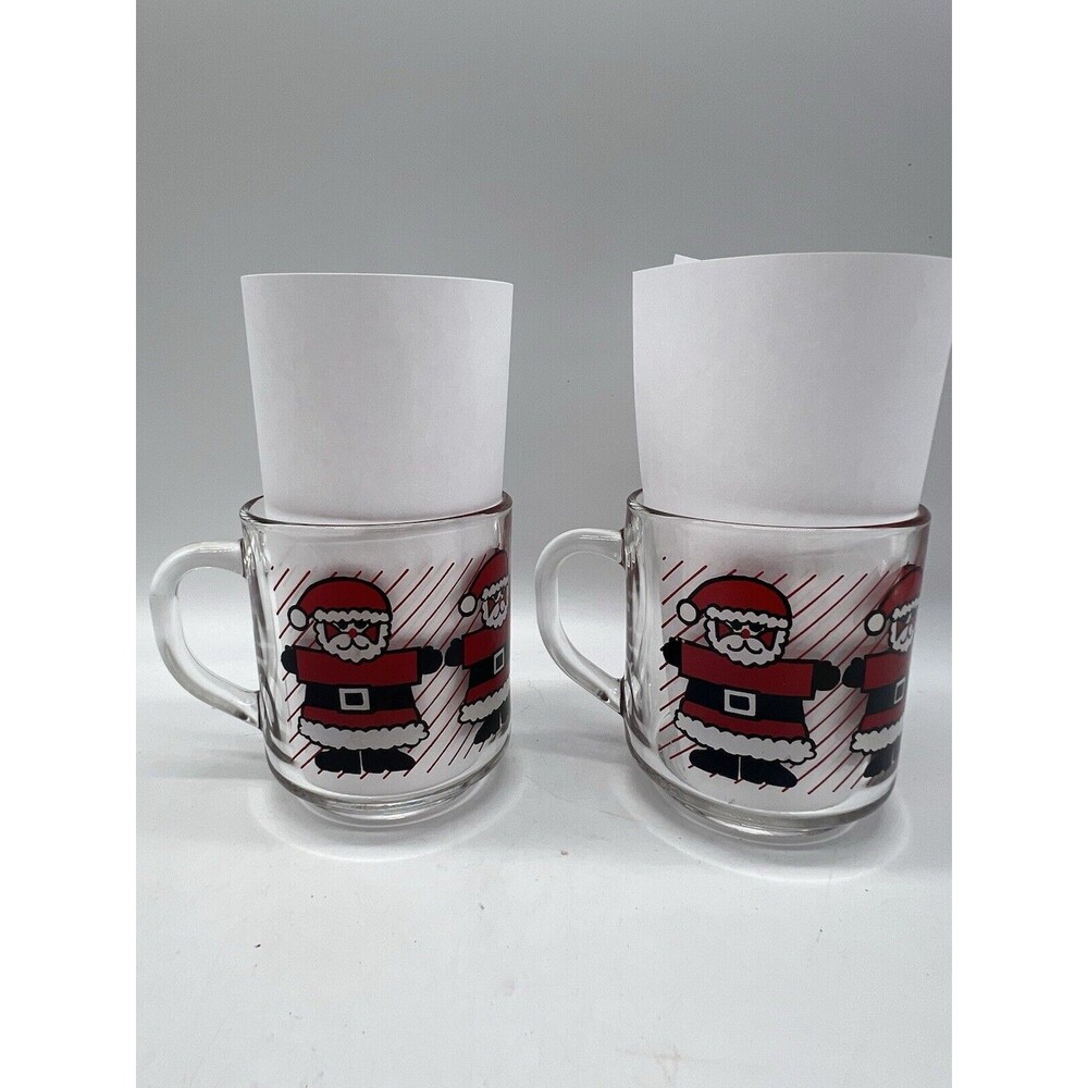 Vintage 2 Luminarc Red Stripe Santa Claus Christmas Mugs Coffee Holiday St Nick